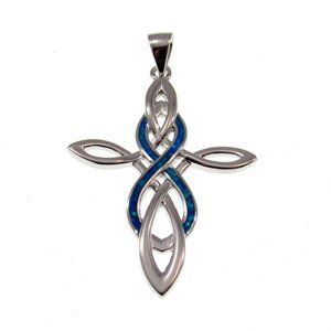 Solid 925 Sterling Silver and Blue Opal Celtic Cross & Infinity Knot Pendant